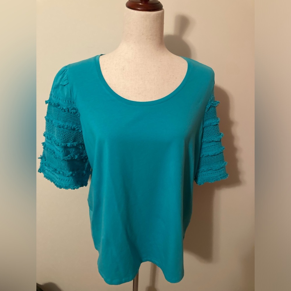 Chico’s Touch of Cool Fringe Tee.  Chico Size 2 (12/14) NWT